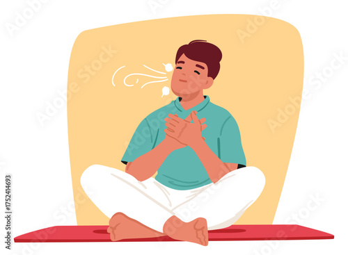 Teenage boy cartoon character sitting on mat and doing breathing exercise inhaling fresh air