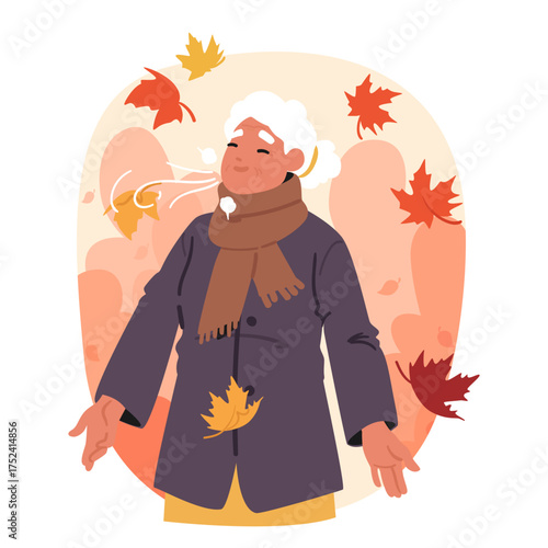 Elderly woman breathing autumnal fresh air with pleasure standing under falling leaves cartoon scene