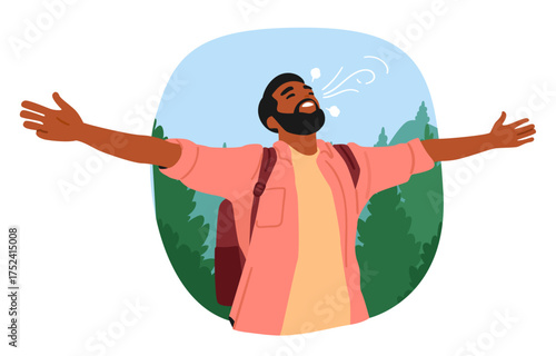 Young man backpacker breathing fresh forest air enjoying freedom and wellness at peaceful woodland
