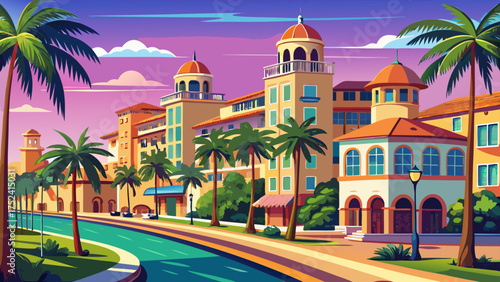 Very beautiful Palm Beach, Florida, USA at Worth Avenue, featuring elegant Mediterranean-style architecture, palm-lined streets, luxury boutiques, and bright sunlight reflecting on charming pastel faç