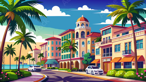 Very beautiful Palm Beach, Florida, USA at Worth Avenue, featuring elegant Mediterranean-style architecture, palm-lined streets, luxury boutiques, and bright sunlight reflecting on charming pastel faç