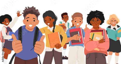 Crowd of smart scholars cartoon characters with backpacks and books together on white background
