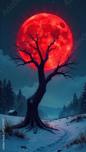 Blood Red Moon A Lone Skeletal Tree Casts Ominous Shadows Across a Desolate Snowscape, Whispering Forgotten Horrors in the Chilling Wind.