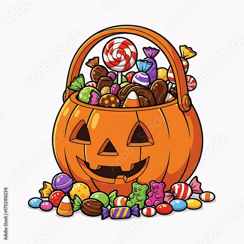 Cartoon Pumpkin Candy Bucket Overflowing with Sweets and Chocolates