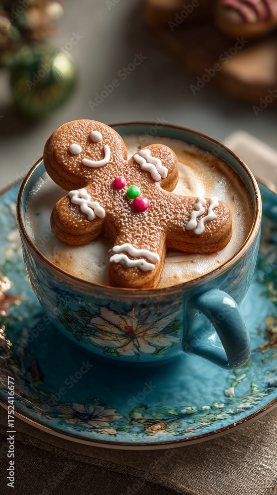 Fototapeta premium A delicious gingerbread cookie atop a frothy latte beautifully presented in an elegant blue floral cup, perfect for festive celebrations or cozy moments at home.