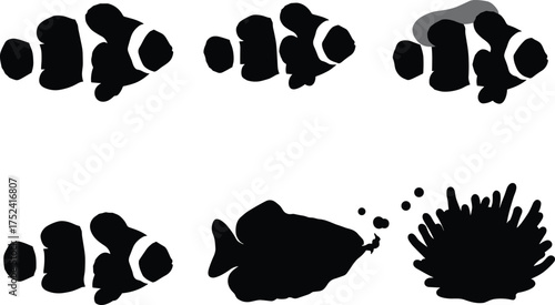 Clownfish and anglerfish silhouettes, tropical marine vector, underwater sea creature artwork, ocean wildlife illustration, aquatic reef fish design, predator prey set