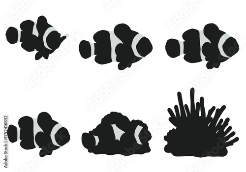 Clownfish silhouette collection, tropical reef fish vector, marine animal artwork, underwater sea creature design, ocean wildlife illustration, coral anemone habitat set