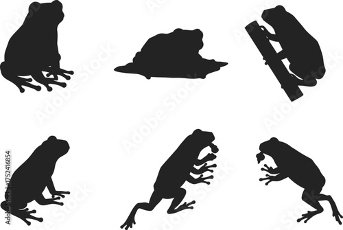 Frog silhouette set, amphibian vector artwork, reptile wildlife illustration, black frog shapes, animal poses, herpetology study, zoology design, educational biology nature art