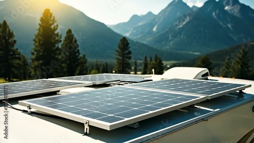 Solar panel on camper van roof at sunrise. Renewable clean energy for sustainable travel. Road trip power generation footage.