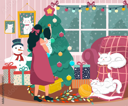 Mother and Child Decorating Christmas Tree with Cute Seeping Cats. Cozy warm winter evening