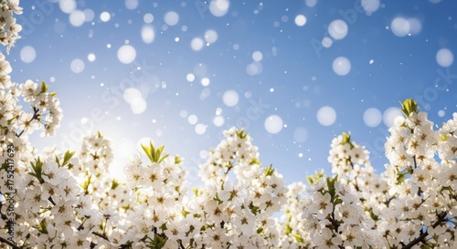 Abundant White Blossoms Blooming Under Clear Blue Sky with Sunlight and Soft Bokeh