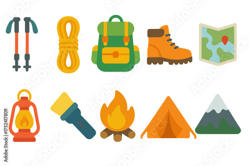 Camping, hiking flat icon set. outdoor activities, adventure, travel icons collection.