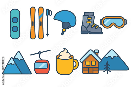 Winter sports and activities filled icon set depicting skiing, snowboarding, and more