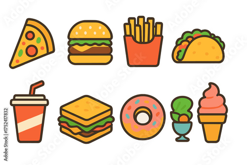 Fast food flat icon set. burger, pizza, taco, fries, soda, donut, ice cream, icons collection