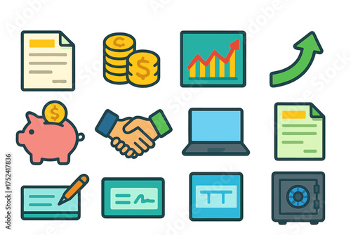 Finance and business filled icon set. money and banking graphics for digital use.