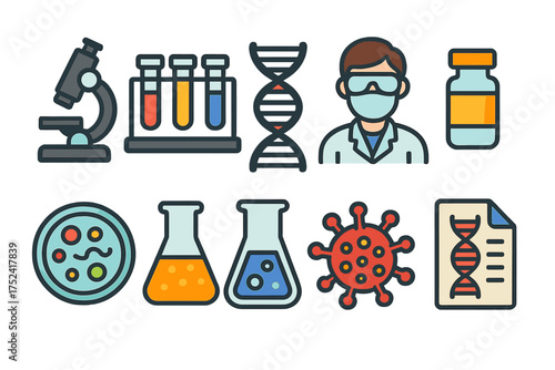 Science and laboratory flat icon set. research, biology, chemistry icons collection