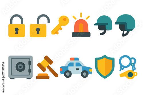 Security and law flat icon set. safety, protection, and law enforcement icons collection