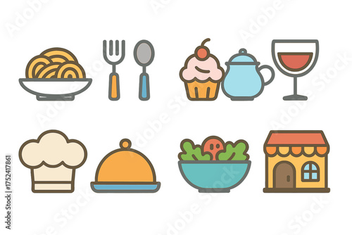 Food and dining icon set. flat kitchen, cuisine, and restaurant icons collection.