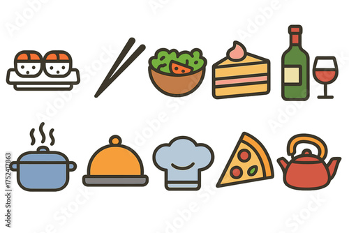 Food and drink flat icon set. culinary, dining, beverage icons flat collection