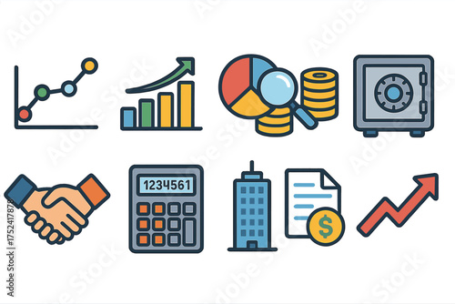 Business and finance icon set. flat style collection featuring graphs, growth, and money.