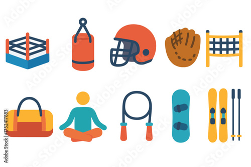 Sports and fitness flat icon set. gym, outdoor, and equipment icons collection