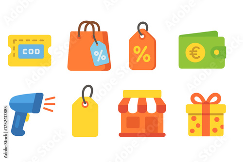 Shopping and ecommerce flat icon set. retail, discount, and sale icons collection.