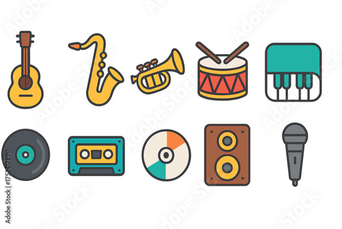 Music instruments flat icon set. guitar, saxophone, microphone, drum flat collection