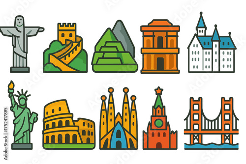 Landmark, monument filled icon set. famous buildings, tourist attractions icon collection