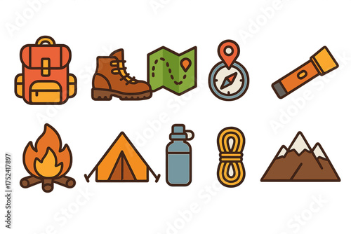 Outdoor, adventure filled icon set. camping, hiking equipment filled collection