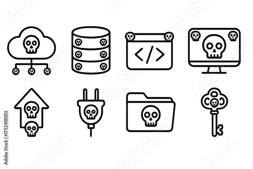 Cybersecurity threats line icon set. digital security, hacker warning outline icons