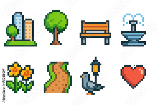 Pixel art park icon set. nature, recreation, and urban elements in vibrant pixel style