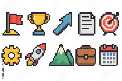 Pixel art icon set for business and productivity. retro, pixelated icons collection
