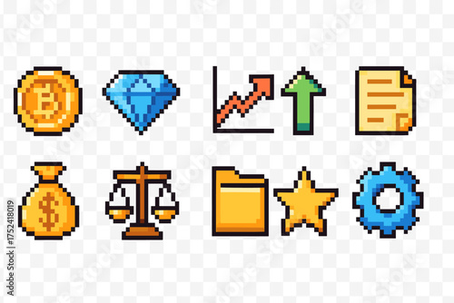 Pixel art finance icon set. economic, investment, trading pixel style icons collection