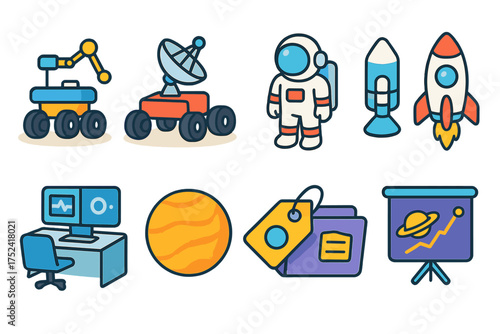 Space exploration linear icon set. astronaut, rocket, planets, satellite line icons.