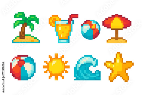 Summer vacation 3d icon set. beach, sun, surf, and tropical leisure icons collection