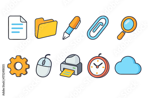 Office tools flat icon set: stationery, technology, organization essentials collection