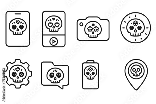 Day of the dead line icon set. dia de los muertos, skull, mexican festival symbols.
