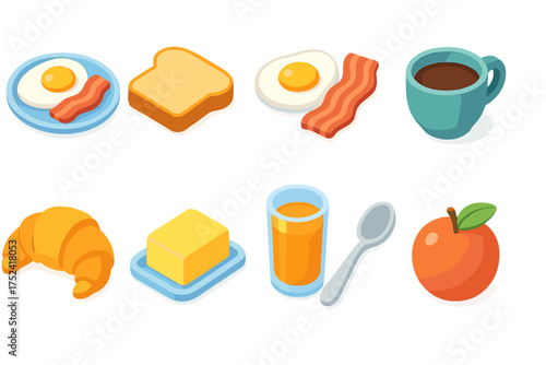 Breakfast, food 3d icon set. morning meal, coffee, toast, eggs, bacon in 3d style