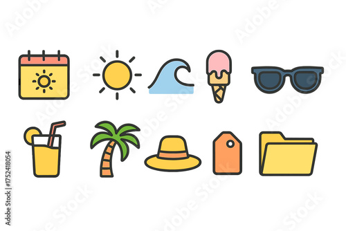 Summer, vacation flat icon set. beach, travel, holiday essentials in flat style