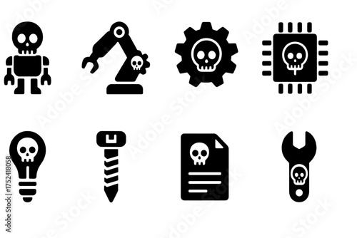 Skull and robotics solid icon set: tech, machinery, engineering icons collection