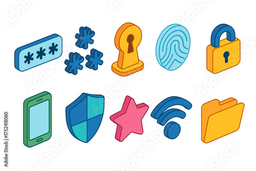 Security and technology icon set. 3d collection of access, lock, and wi-fi icons