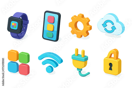 Technology and gadget 3d icon set with cloud, app, and security symbols