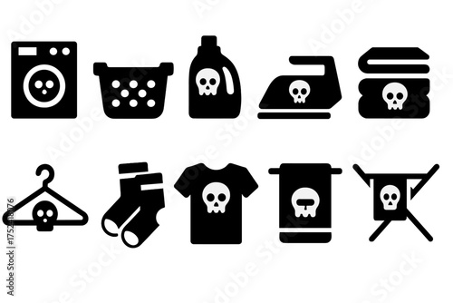 Laundry warning silhouette icon set: caution, detergent, iron, wash, clean icons