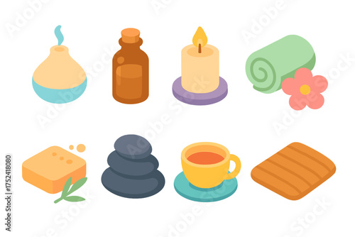 Spa and wellness flat icon set: aromatherapy, relaxation, meditation essentials