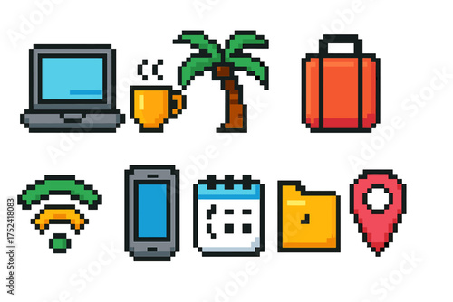 Retro style vacation icon set. travel, tourism pixel icons for holiday planning.