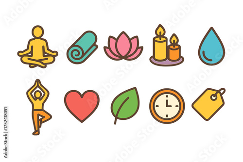Yoga and wellness icon set. meditation, fitness, spa, nature icons flat collection