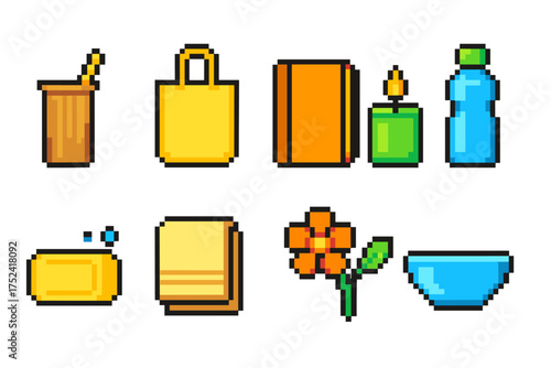 Eco-friendly, sustainable pixel icon set. environment, nature pixel art icons collection