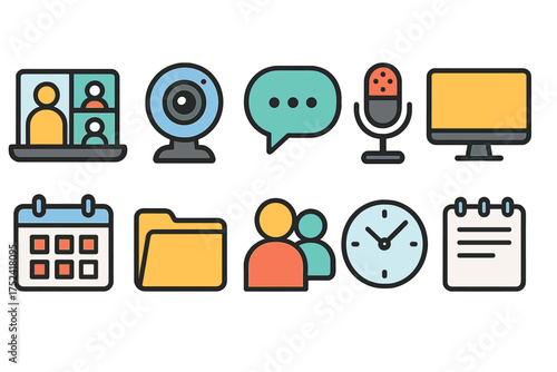 Video conferencing flat icon set. communication, webinar, remote work icons collection