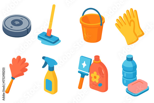 Cleaning tools 3d icon set. cleaning supplies, household equipment collection