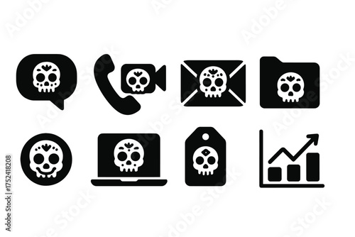Day of the dead solid icon set. skulls, communication, and technology icons solid collection